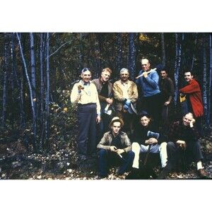Kodak Slide 1940s Red Border Kodachrome Large Group Posed With Axes In Woods